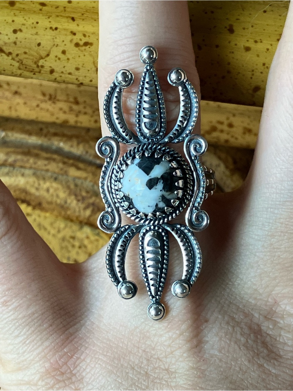 White Buffalo Turquoise Sterling Silver Statement Ring Size 7
